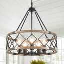 20'' Rustic Chandeliers for Dining Room, 5-Light Metal Wood Grain Drum Chandelier Foyer Lighting Fixtures, Farmhouse Chandelier Hanging Light Fixture for Entryway Bedroom Living Room