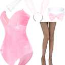 Anime Womens Bunny Girl Costume One Piece Bodysuit Halloween Cosplay Catsuit Bunny Headband Stockings Set (X-Small, Pink)