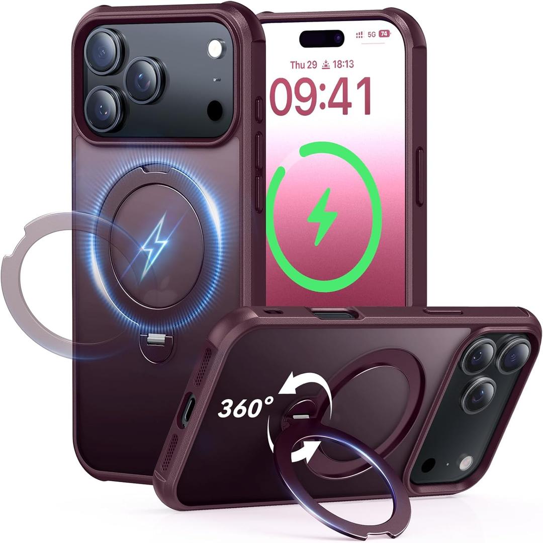 360 Spin Magnetic Stand (Pro-Version) for iPhone 17 Pro Max Case (Compatible with MagSafe) [Military Drop Protection] Matte Translucent Shockproof Protective Phone Case 6.9'', Wine Red