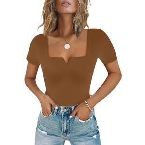 Chunpin Women's Short Sleeve Bodysuit Square Neck Notch V Neck Bodysuits Double Lined Tops Going Out Outfits Thong Bodysuits, L