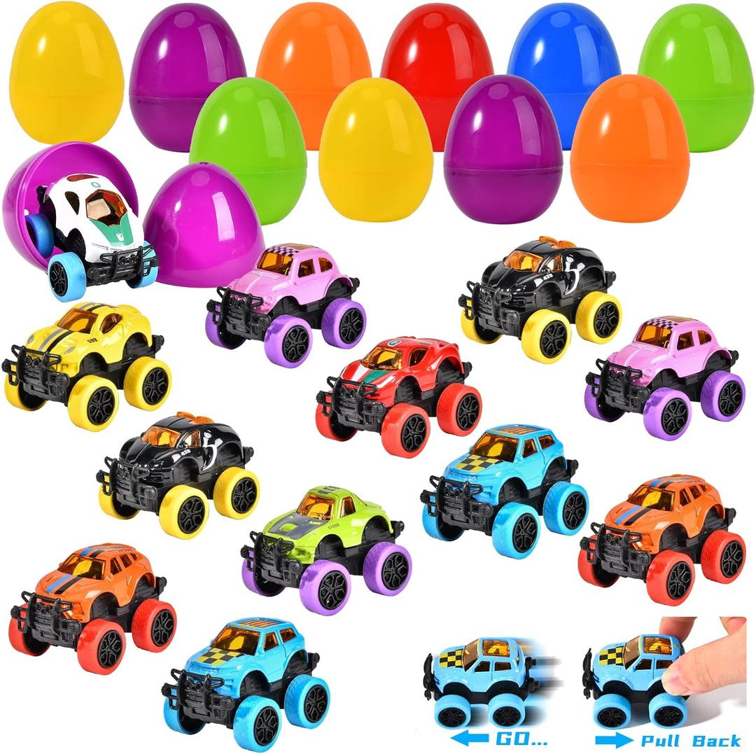 SpringFlower Easter Egg Filled with Pull Back Monster Car Trucks for Kids Easter Party Favor, Easter Egg Hunt, Basket Stuffer, Easter Basket Essentials, Classroom Rewards for Boys Kids, 12 Pack