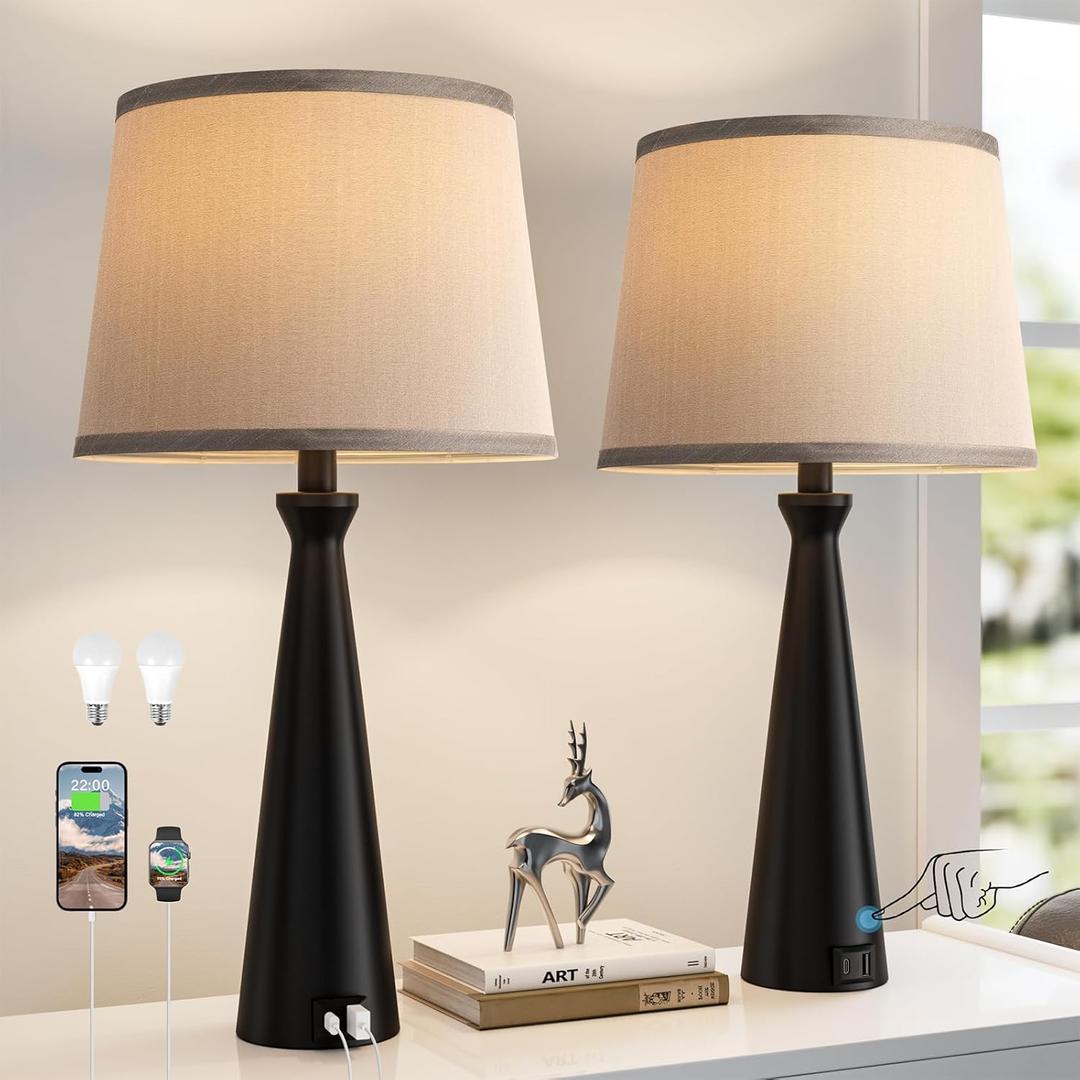 Seealle Modern Table Lamps Set of 2 - Touch Bedside Lamp for Nightstand with USB C+A,3-Way Dimmable Black Nightstand Lamps for Living Room Bedroom End Table with Grey Shade(Bulb Included)