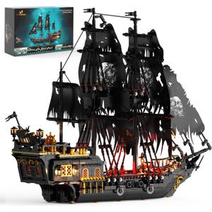JMBricklayer Pirate Ship Building Toys with Lights, Pearl Pirate Ship Model Boat Kit 40002, Black Ship Toy Building Sets for Adult Teens 14+, Home Office Decor Valentines Gifts(1713 PCS) New Upgrade