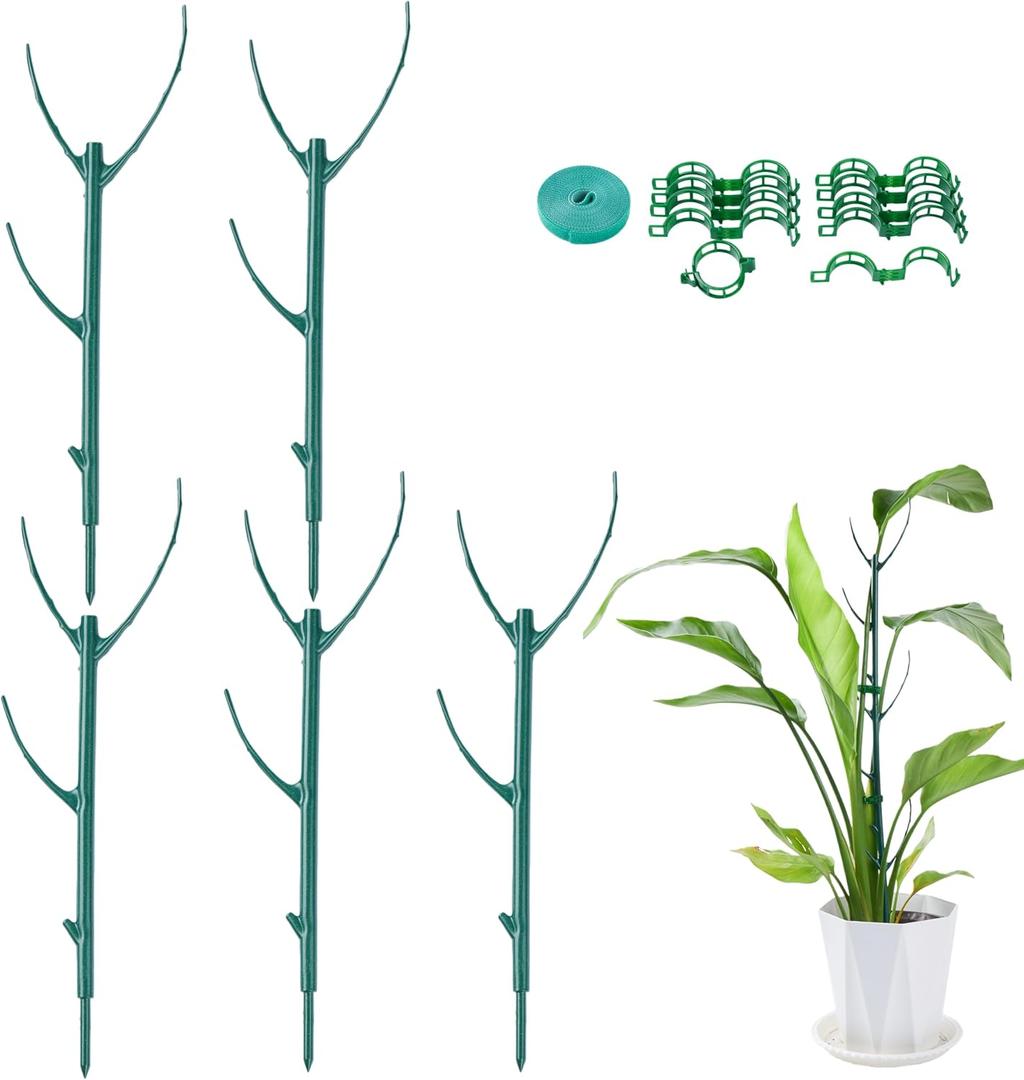 5 Pack Adjustable Plant Support Stakes,Stackable Plant Support Pole with Garden Ties and Clips, Suitable for Monstera,Climbing Plants and Indoor Outdoor Plants