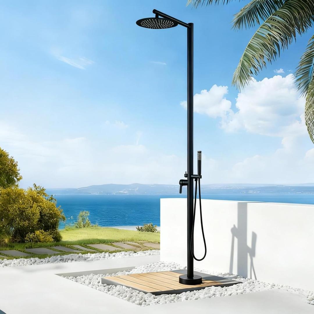 Freestanding Outdoor Shower, Outdoor Shower Kit for Pool Garden/Backyard/Beach Courtyard, Outside Shower Column with 10” Rain Shower Head and Handheld, Matte Black