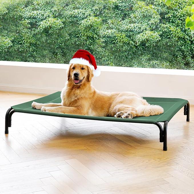 Elevated Dog Bed Raised Outdoor Dog Cot for Large Dogs, Installation Requires No Tools, Frame with Washable Cooling Breathable Mesh Anti-Slip Feet, Indoor Pet Bed, Green, 43.3 Inches