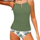 Girls Swimsuit Halterneck 2 Piece Girl Swimsuit with Floral Print Shorts Ruched Girls Tankini Swimsuit 11-18 Years (Green)