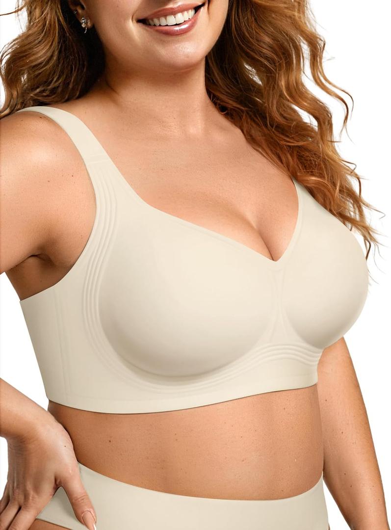 OEAK Womens Wireless Jelly Bra Plus Size Supportive Seamless Bras Full Coverage Push Up Comfortable No Underwire Tshirt Bras Beige 3XL