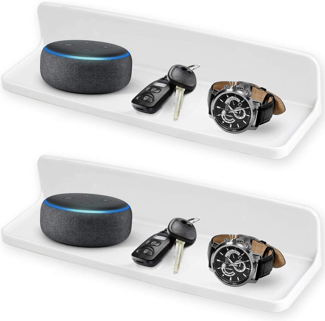 Wall Mounted Small Floating Shelf Stick On Wall Shelves for Bedroom,Kitchen,Bathroom Bedside Shelves to Display Speakers,Photo Frame,Watch,Keys,Cosmetics-Damage Free-Plastic-White(2Pcs/Set)