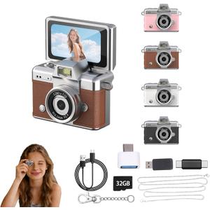 Mini Keychain Camera,1080P Mini Digital Camera,Retro Flip Screen Small Bodycam,Pocket-Sized with Adapter and 32GB Card (Expandable to 128GB),Novelty Gadgets,for Kid,Travel,Vlog,Collection (Brown)