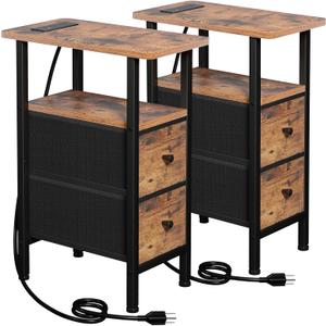 Narrow End Tables Living Room Set of 2 with Charging Station, Skinny Side Table with Fabric Drawers, Slim Nightstand for Bedroom, Small Spaces, Couch, Brown, HETNDP02BR (Rustic Brown + Black)