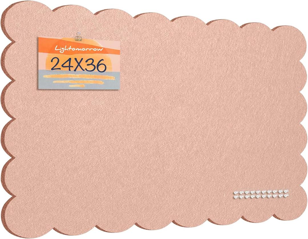 Lightomorrow Scalloped Bulletin Board, 36 x 24 Inches Felt Pin Board - Decorative Cork Alternative for Wall, Foldable Picture Self-Adhesive Vision Prayer Board with 20 Pushpins - Mauvey Pink