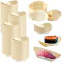 600 Pcs Disposable Bamboo Plates - Sushi Boat Bowls and Cutlery with Bamboo Leaf Boat Serving Tray for Party Catering and Home Use, 5.3 x 3 Inch