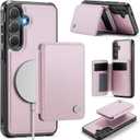 Compatible with Magsafe for Samsung Galaxy S25 Plus Wallet Case Magnetic Card Holder, RFID Blocking 2 in 1 Detachable Kickstand Shockproof Case for Women Men, Pink