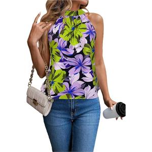RoseSeek Women's Tropical Paisley Print Halter Blouse Sleeveless Boho Shirt Tops Button Back Vacation Tops, Size: Small