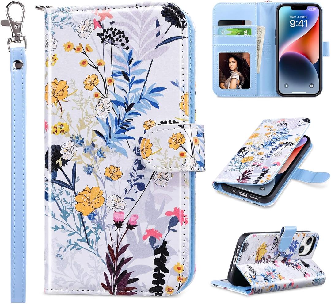 ULAK Compatible with iPhone 14 Plus Wallet Case with Card Holder [RFID Blocking], Flip Case for Women Girls PU Leather Kickstand Wrist Strap Shockproof Phone Case for iPhone 14 Plus 6.7'', Forest