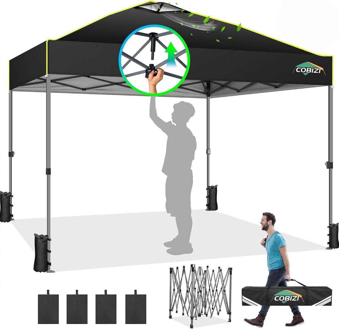 COBIZI Canopy 10x10 Pop Up Canopy Tent 1-Button Push Easy up Outdoor Canopy Instant Portable Commercial Shelter Waterproof UPF50+ Gazebo with Reflective Strip, Air Vent & 4 Sandbags, Black