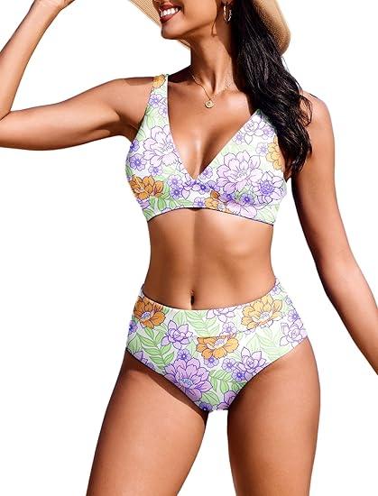 AI'MAGE Bikini Set for Women Two Piece High Waisted Swimsuits 2025 V Neck Bathing Suit Back Self Tie Straps Swimmear M Purple Flower Leaves