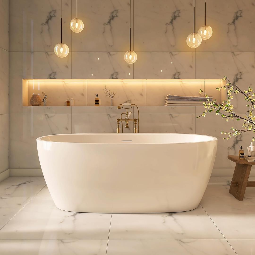 59" Acrylic Freestanding Bathtub, Tap Deck Bathtub, Stand Alone Tub, Soaking Tub with Integrated Overflow and Drain, cUPC Certified (59"(Lustre White))