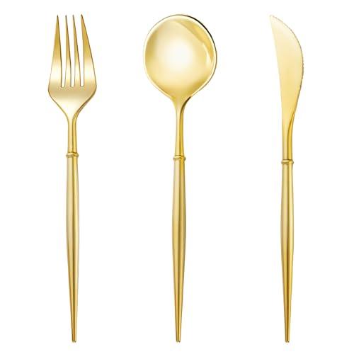 N9R 90PCS Gold Plastic Silverware, Gold Disposable Utensils, Gold Silverware Disposable, Disposable Cutlery includes: 30 Knives, 30 Forks, and 30 Spoons for Party, Birthday, Wedding