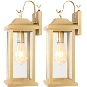 Roravilila Large Gold Outdoor Sconces Dusk to Dawn 2-Pack, 17 Inch Large Porch Light Photocell Brass Outdoor Light Fixtures IP65 Waterproof with Clear Glass Outside Wall Lanterns Wall Mounted Lamps