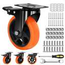 MSH&HCE 5-Inch Orange Heavy Duty Caster Wheels (Set of 4) - 2600Lbs Total Capacity, Polyurethane (PU) Wheels, Quiet Swivel Casters for Carts, Furniture & Workbenches (Two Hardware Included)