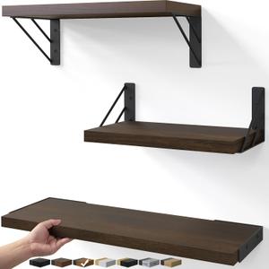 BAYKA Floating Shelves for Wall, Book Shelf for Bedroom, Wall Decor Shelves for Living Room Kitchen, Wood Floating Shelf for Home Decor, Corner Shelf for Bathroom, Office(Dark Brown,Set of 3) (16-inch Mixed)