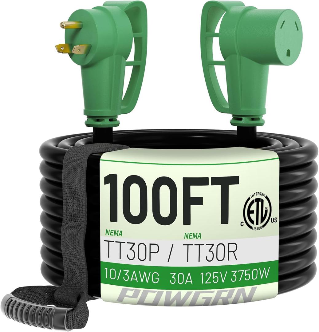 POWGRN 30 Amp RV Extension Cord 100 FT Outdoor with Grip Handle, Flexible Heavy Duty 10/3 Gauge STW 3 Prong RV Power Cord Waterproof, NEMA TT-30P to TT-30R, Black-Green, ETL Listed.