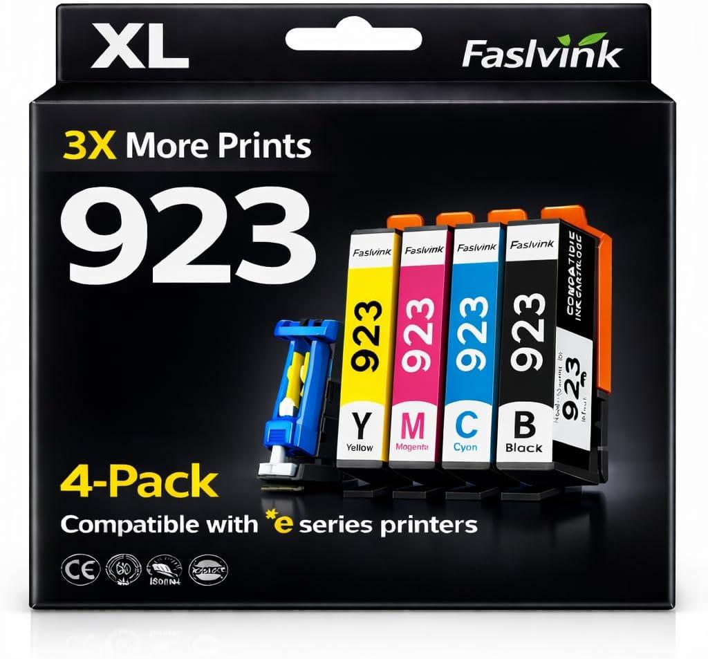 923 Ink Cartridges for HP Printers Compatible with HP 923 Ink Works with HP OfficeJet Pro 8130e 8125e 8120e 8135e 8138e 8139e Printers, 923 Ink Without Chip 4-Pack (Black Cyan Magenta Yellow)