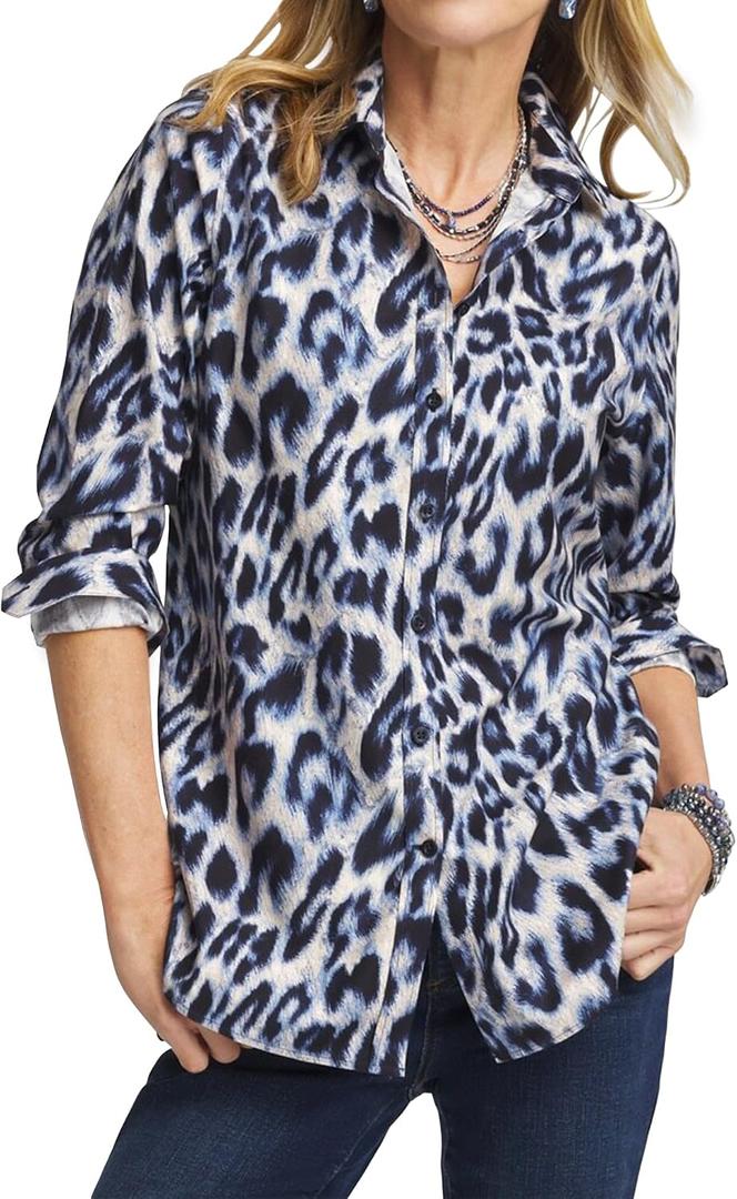 Womens Animal Print Button Down Collared Shirt Long Sleeve Top Casual Blouse (M)