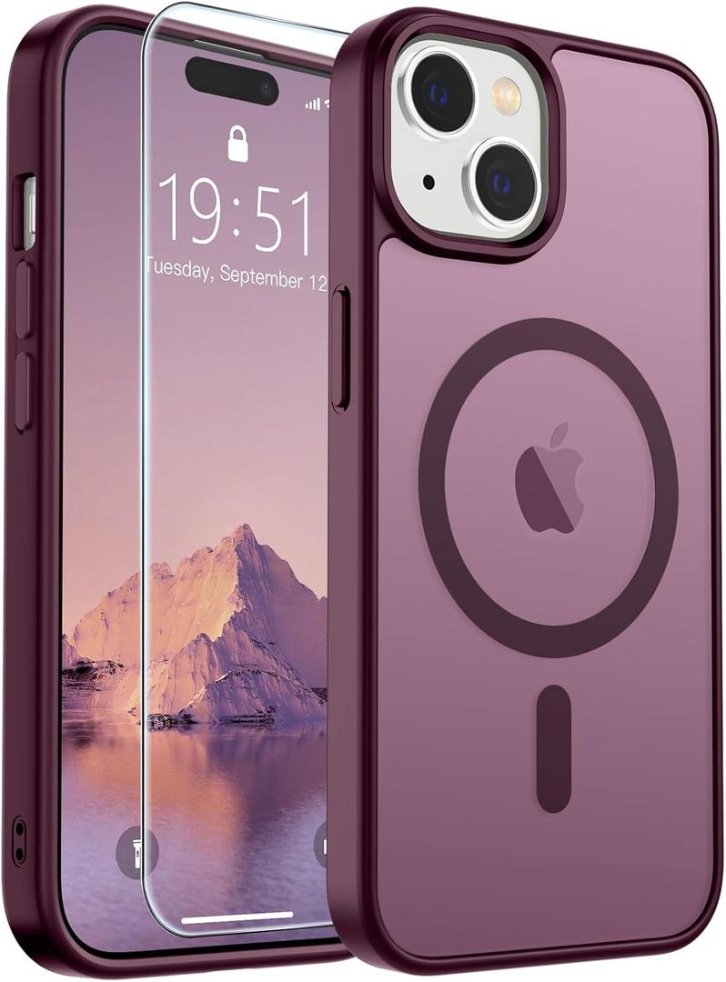 SUPFINE Magnetic for iPhone 15 Case (Compatible with MagSafe) (Military Grade Drop Protection) Slim Translucent Matte Shockproof with Anti-Fingerprint Phone Case, Wine Red