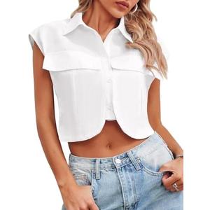 Tankaneo Womens Button Down Shirts Cute Summer Cap Sleeve Crop Tops Blouse S