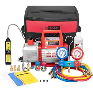 VIVOHOME 110V 1/3 HP 4CFM Single Stage Rotary Vane Air Vacuum Pump and AC Manifold Gauge Set Kit with Leak Detector for R134a R12 R22 R502 R410a HVAC Air Conditioning Refrigeration Recharging, Red