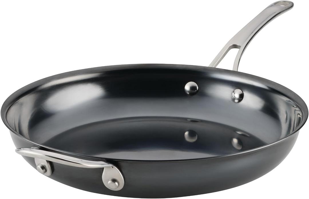 Anolon Everlast N2 Carbon Steel Frying Pan/Skillet with Helper Handle Compatible with All Cooktops, Metal Utensil Safe, 12 Inch - Black