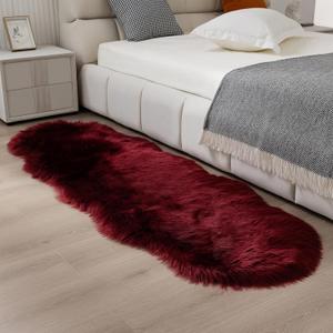 Faux Fur Rug 2 x 6 ft Burgundy Shaggy Sheepskin Machine Washable Fuzzy Area Rug Super Soft Fluffy Plush Carpet for Bedroom Living Room Floor Nursery Kids Room Runner Bedside Rug (Burgundy)
