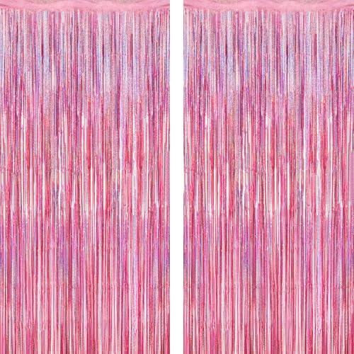 2 Pack Glitter Pink Backdrop, 3.28 FT x 7.05 FT Birthday Party Decorations, Laser Pink Fringe Curtains Foil Streamer Tinsel, Pink Curtains Photo Backdrop Happy Birthday Valentines Day Backdrop