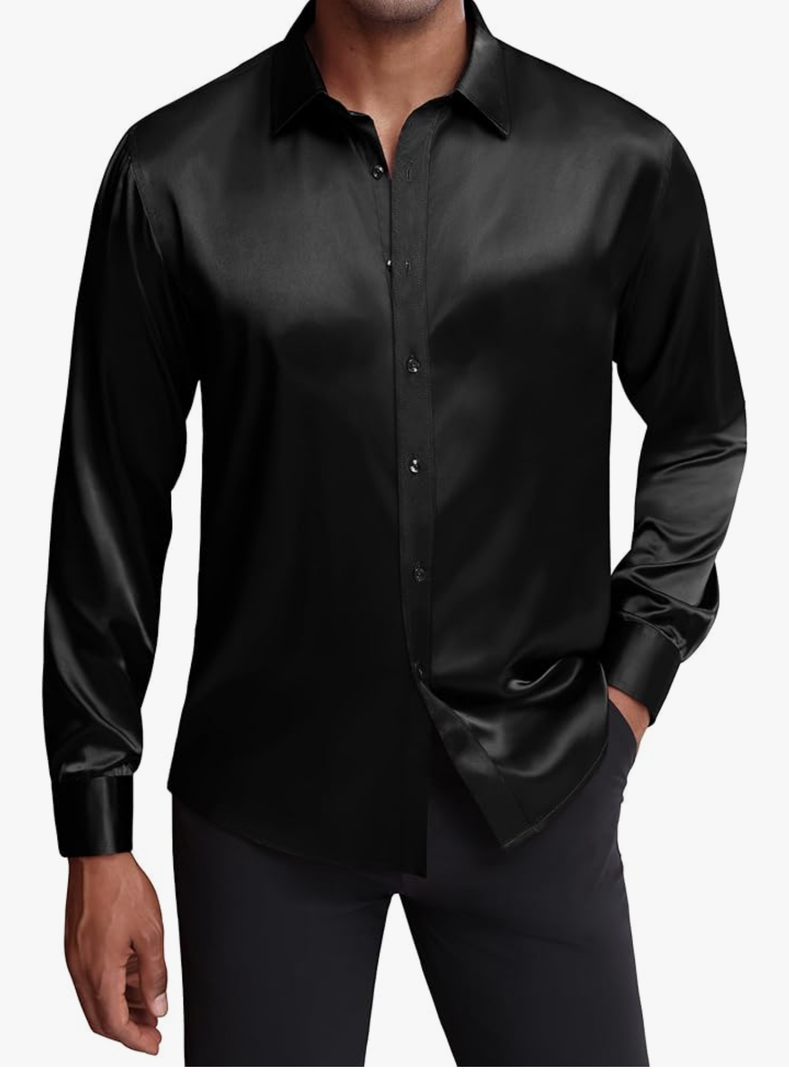 J.VER Men's Silk Satin Long Sleeve Dress Shirts Shiny Casual Button Down Shirt Luxury Party Prom Shirts, Size -S