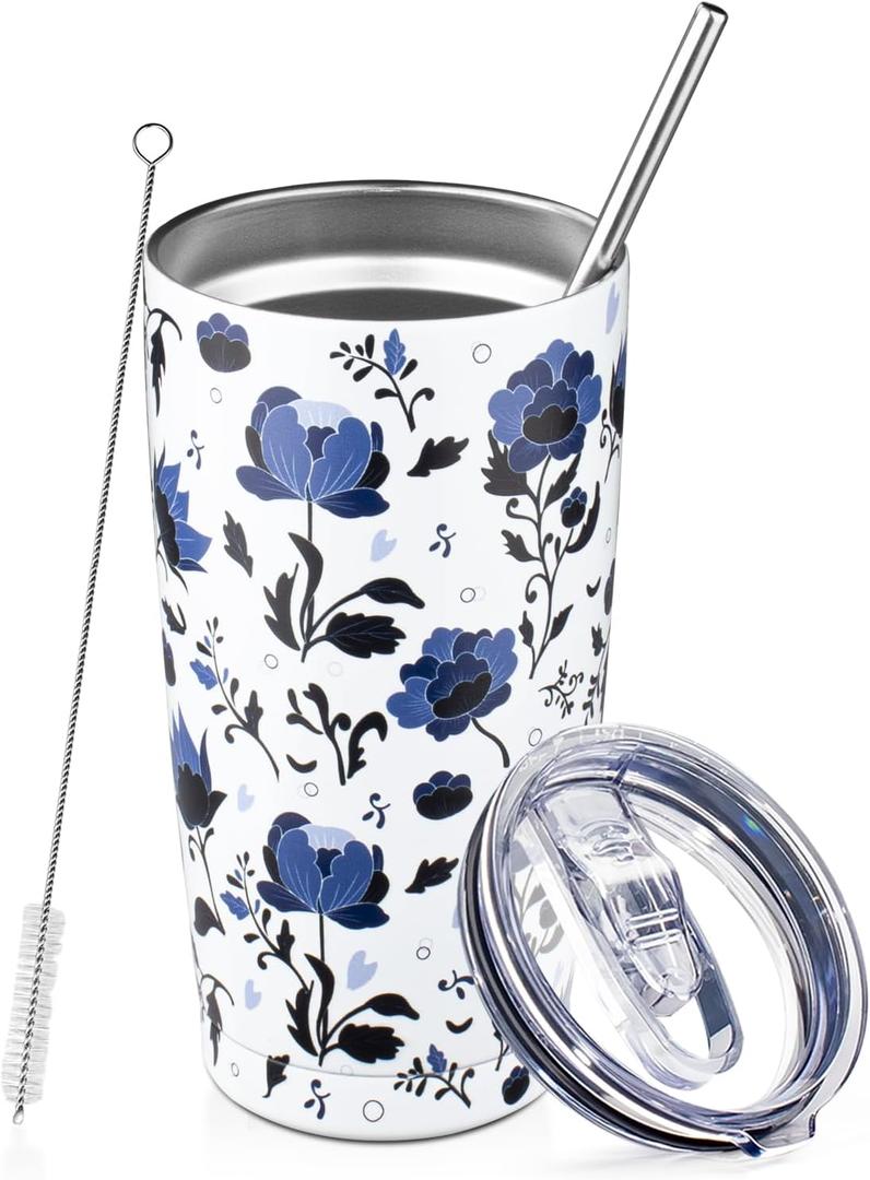 20oz Tumbler with Lid and Straw Double Wall Powder Coated Vacuum Insulated Coffee Tumbler Stainless Steel Travel Coffee Mug Spill-Proof Thermal Cup for Hot and Cold Beverage,Blue and White Porcelain