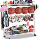 EXTCCT Garage Sports Equipment Organizer - Rolling Ball Storage Bin with Wheels, Garage Sports Gear Rack Outdoor Basketball Racks for Balls with Baseball Bat Holder and Hooks, Toy Organizer(White)