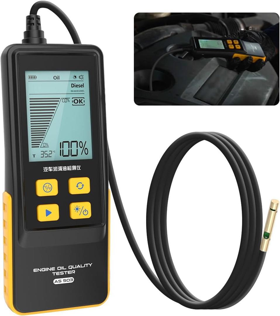 Engine Oil Tester Gasoline & Diesel Engine Oil Quality Tester Analyzer Detector High-precision Car Engine Oil Diagnostic Tool with 50inch Flexible Probe,Identifier&Sound Prompt,2.8in Backlight Display (Yellow)