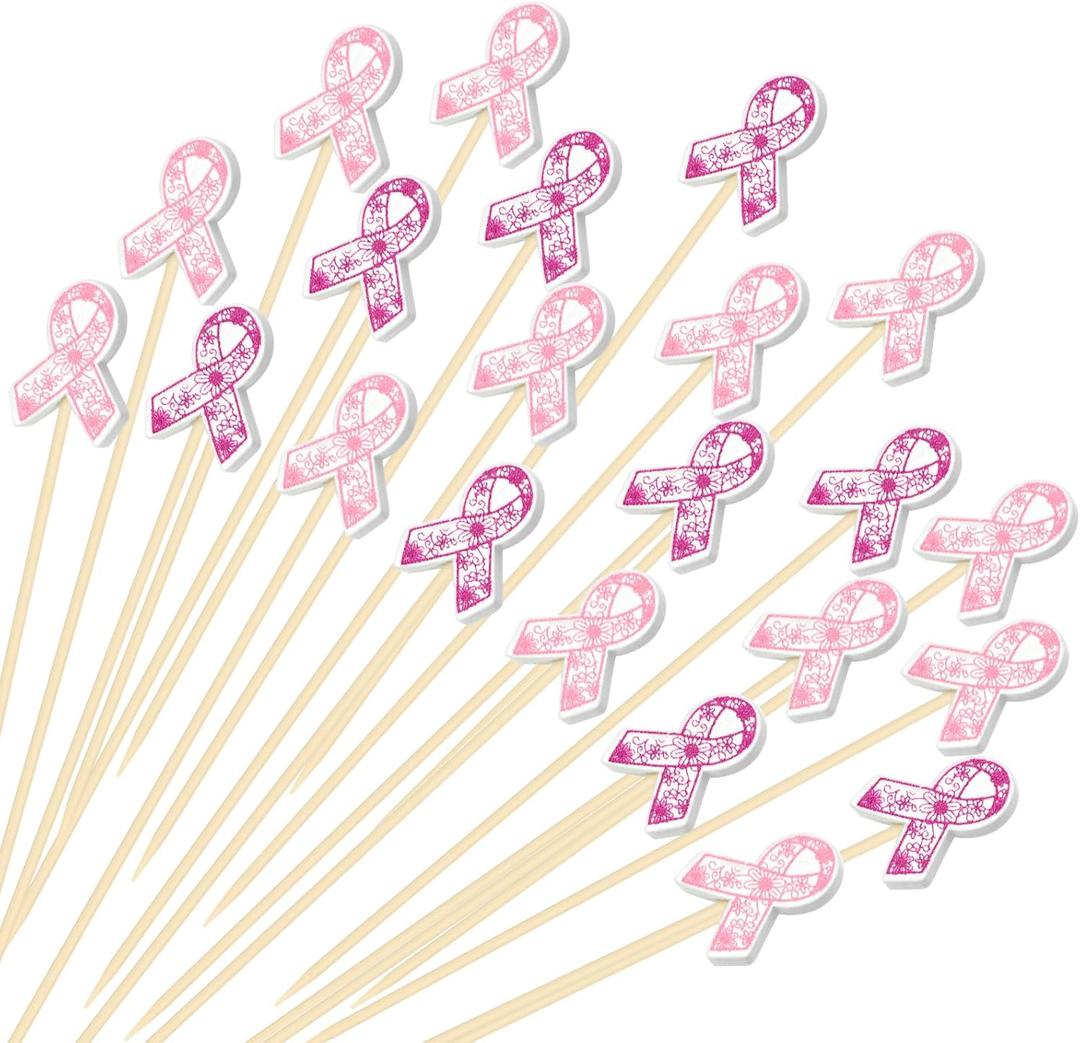 Domensi 300 Pcs Breast Cancer Awareness Cocktail Picks 4.7" Pink Ribbon Flower Toothpicks for Appetizers Bamboo Skewer Fruit Stick for Cupcake Food Sandwich Appetizer Charcuterie Skewer Party Supplies