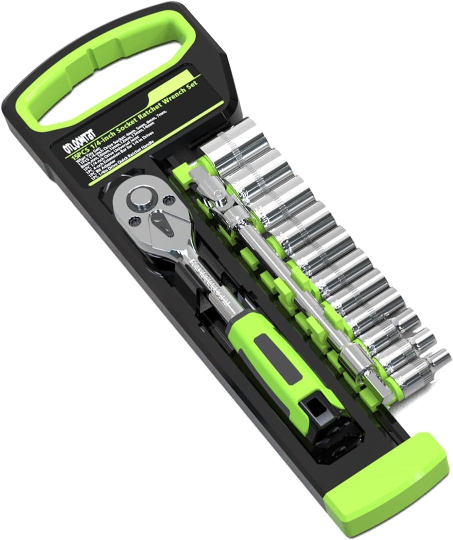 OTLOOMTBT 15pcs 1/4 Inch Drive Ratchet Socket Wrench Set, with Metric 4-14mm and Front and Rear Quick Released Ratchet Handle and Extension Bar Universal Joint Hand Drill Adapter, Portable Organizer