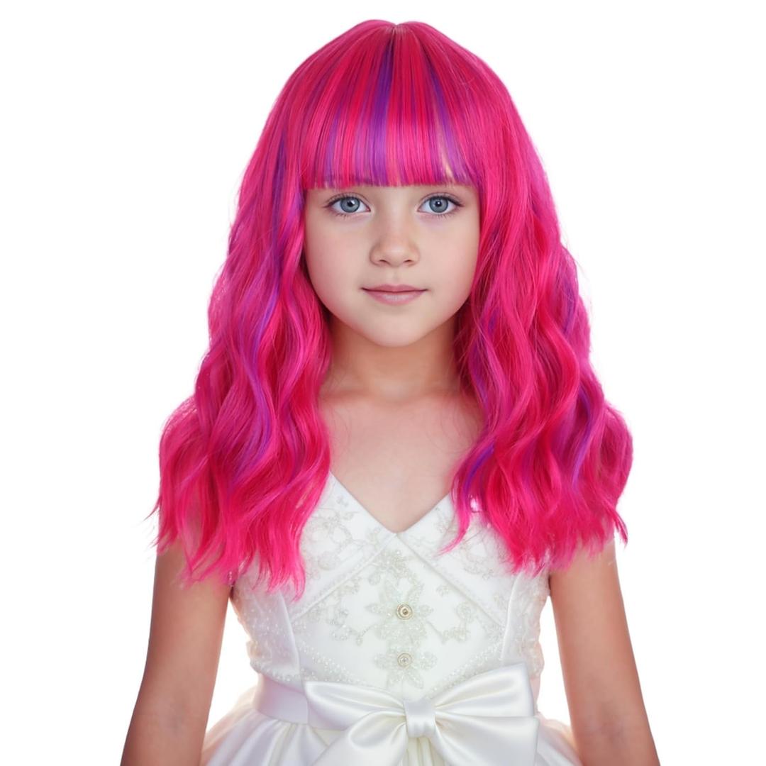 Kids Hot Pink Mixed Purple Wig Child Short Pink Purple Wig with Air Bangs Short Wavy Curly Wigs for Girls Heat Resistant Synthetic Wigs with Cap