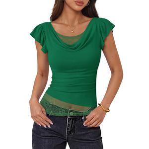 ZESICA Women's Summer Going Out Tops Ruffle Short Sleeve Cowl Neck Shirts (Green, XL)