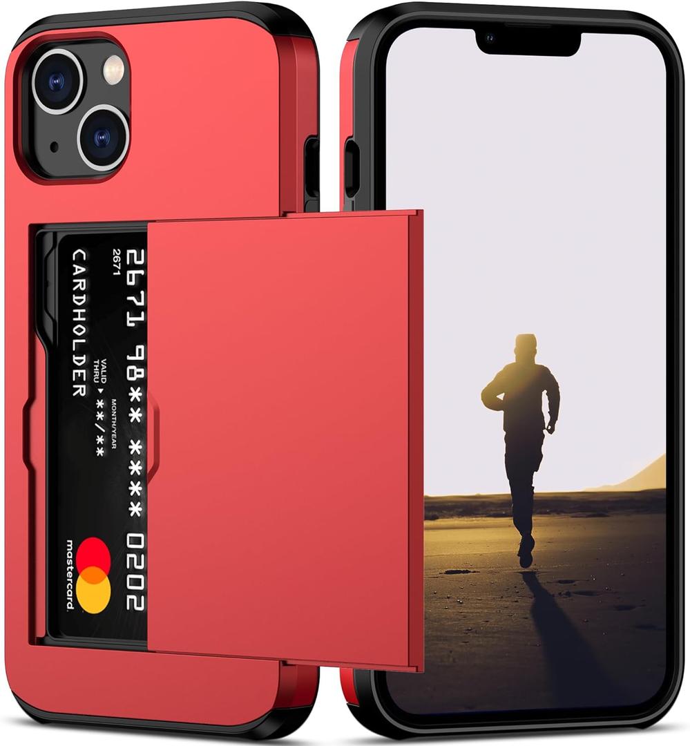 Nvollnoe for iPhone 13 Case with Card Holder Heavy Duty Protective Dual Layer Shockproof Hidden Card Slot Slim Wallet Case for iPhone 13 for Women&Men(Red)