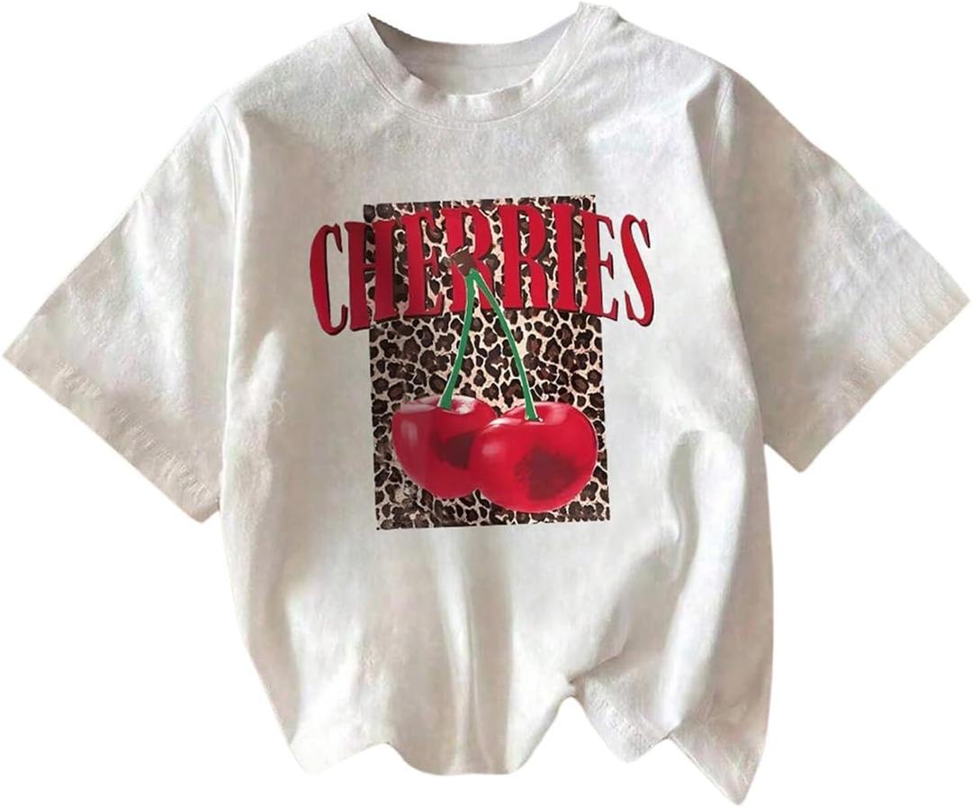 RoseSeek Girl's Cherry Leopard Shirt Short Sleeve Loose Cute Summer T Shirt Trendy Aesthetic Baggy Tops (White)