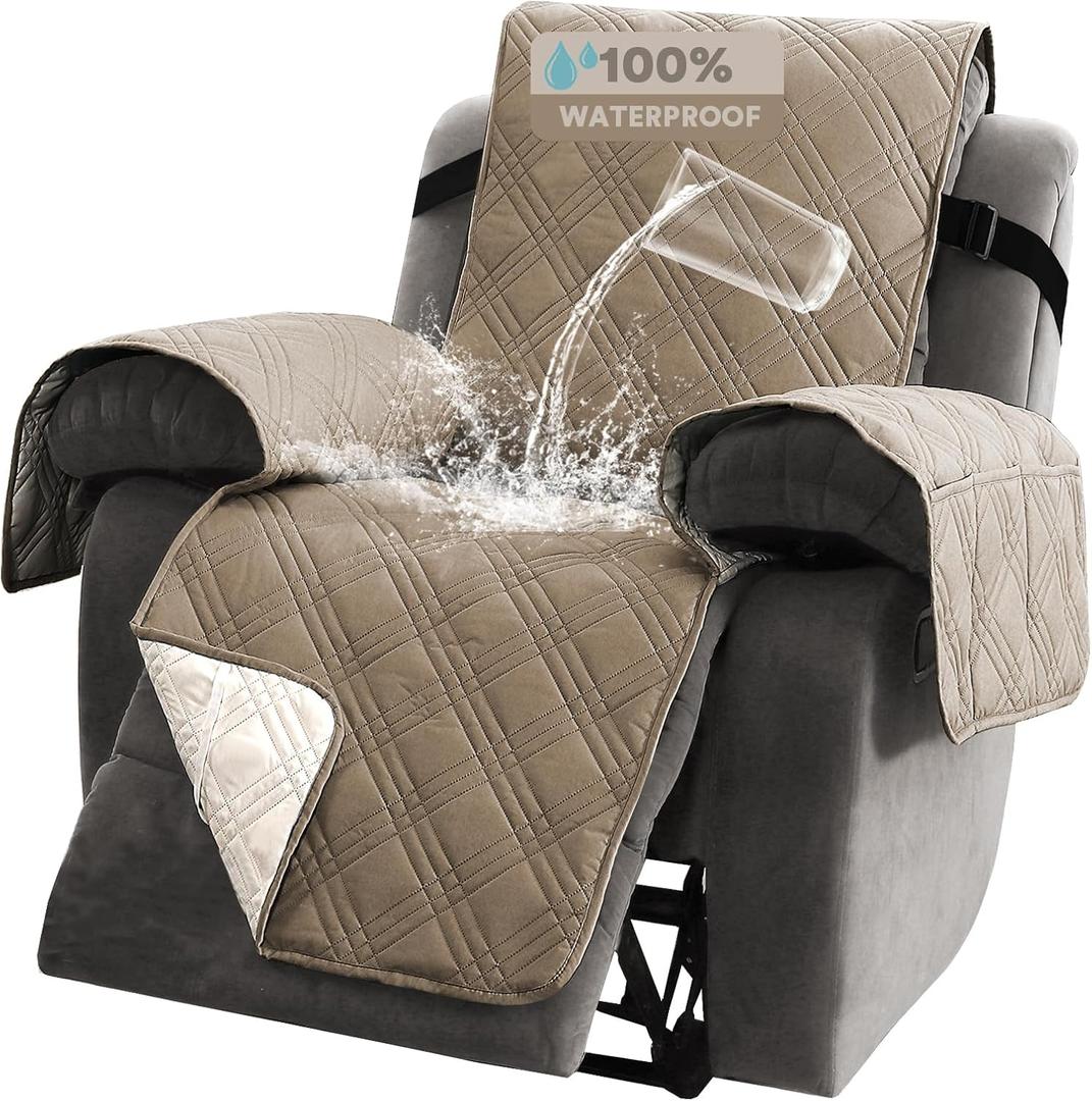 PrinceDeco Recliner Cover 100% Waterproof Couch Cover Sofa Cover for Living Room Water Resistant Furniture Protector with Elastic Straps for Pets Dog(Recliner28,Taupe)