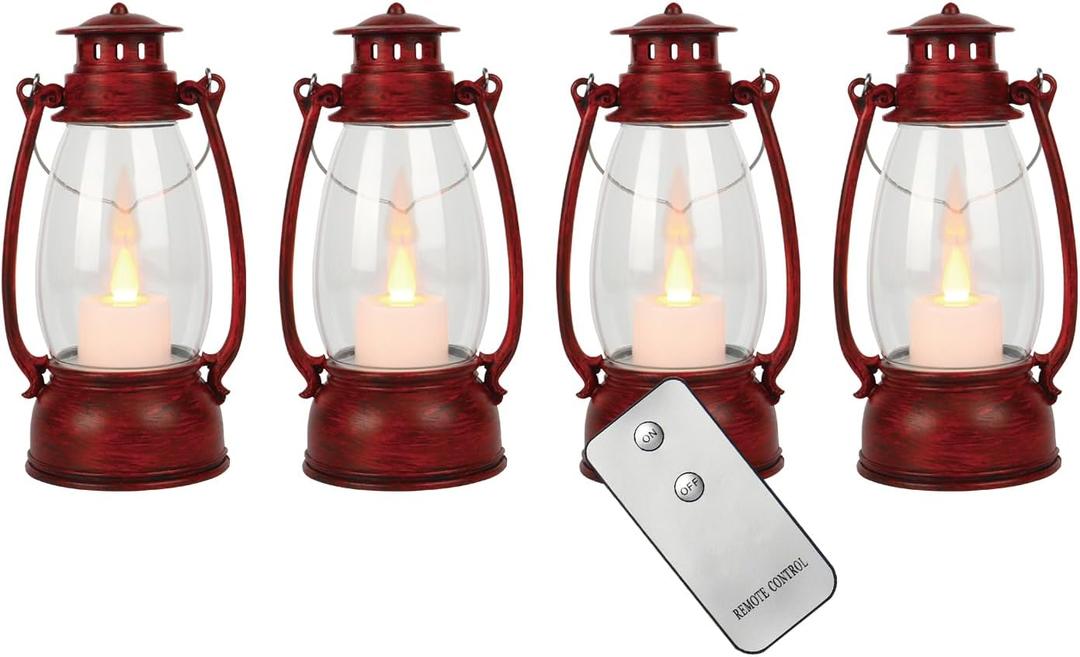 LLQ Small Red Lanterns Decorative with Remote, 7-inch Vintage Western Lanterns with Flickering LED Candle, Camping Decorations, Western Party Decorations, Christmas Centerpieces for Tables, 4-Pack