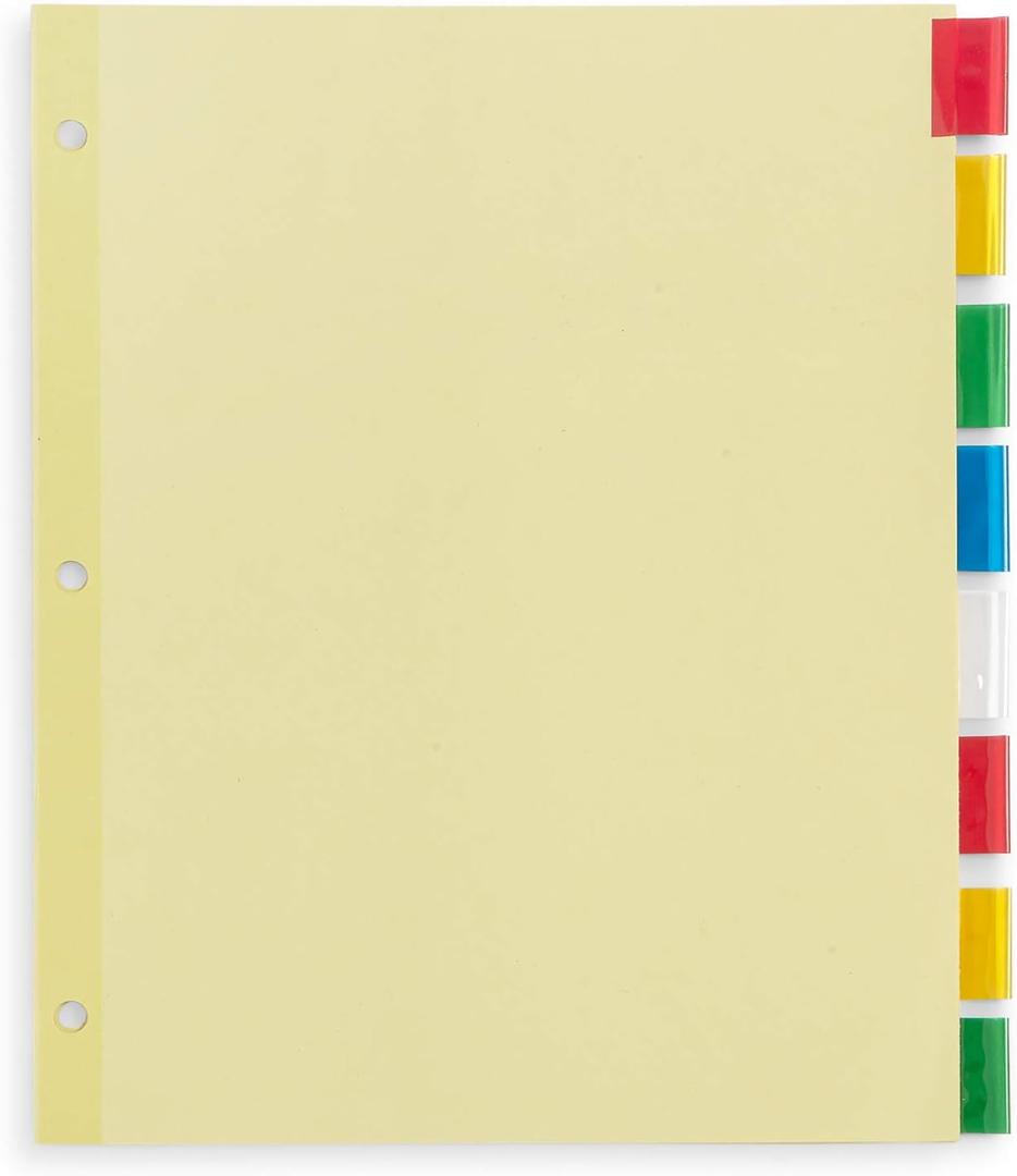 Blue Summit Supplies 8-Tab Binder Dividers, Manila Paper with Insertable Colored Plastic Tabs, Reinforced 3 Ring Dividers with Perforated Paper Tab Inserts, 48 Sets