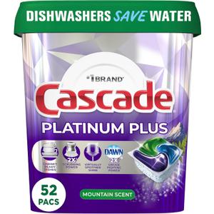 Cascade Platinum Plus ActionPacs Dishwasher Detergent Pods, Dishwasher Soap, Mountain, 52 Count